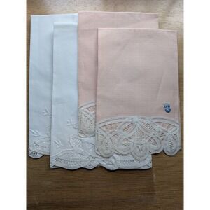 Vintage Lace & Belgian Linen Tea Finger HandTowels Pink, White 2 Sets of 2 Each